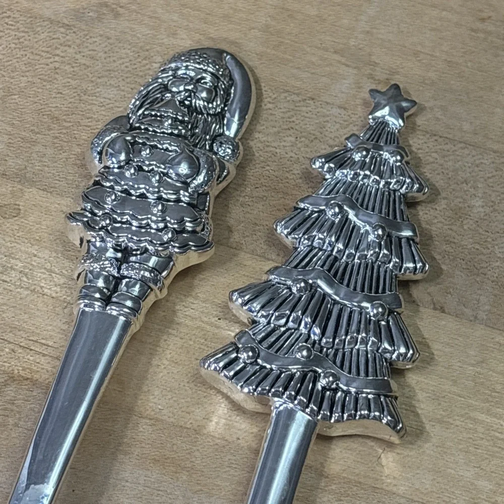 Vintage International Silver Christmas Serving Set Santa Tree Holiday Joy 2 Pc